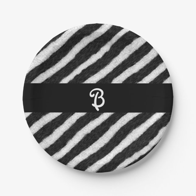 Funky Zebra Stripes Black & White Birthday Paper Plates (Front)