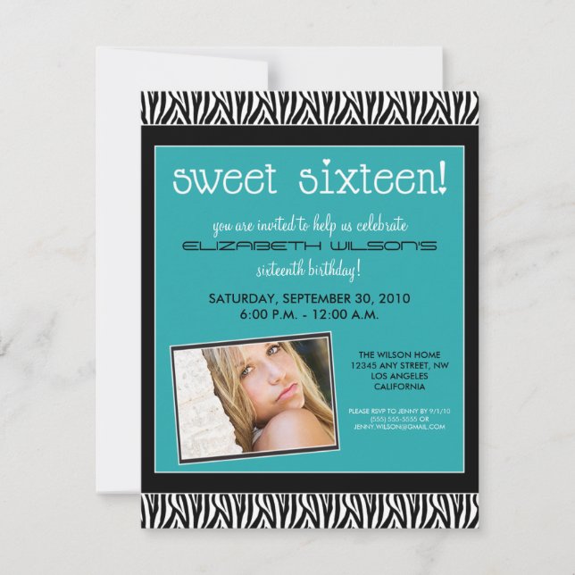Funky Zebra Sweet 16 Birthday Party Invite (aqua) (Front)