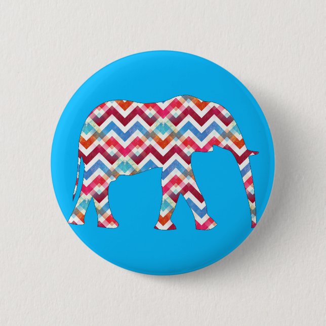 Funky Zigzag Chevron Elephant on Teal Blue Pinback Button (Front)