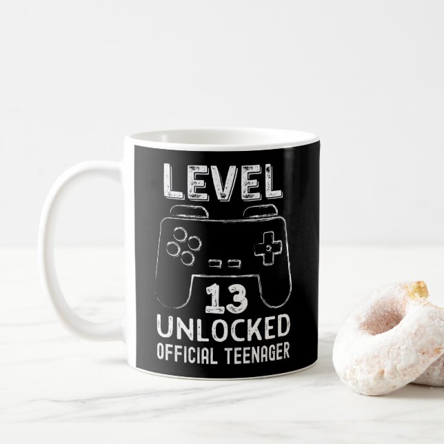 Funny 13th birthday level 13 unlocked gamers coffee mug (With Donut)