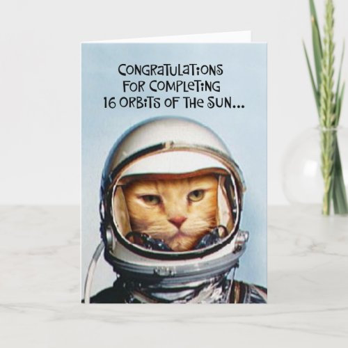 Funny 16th Birthday Space Cat Card