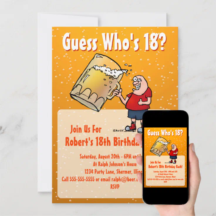 Funny 18th Birthday Party Invitation With Big Beer Funny 18th Birthday Party Invitation With Big Beer