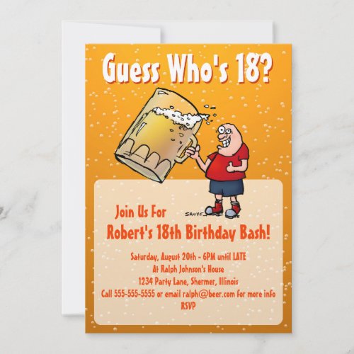 Funny 18th Birthday Party Invitation With Big Beer