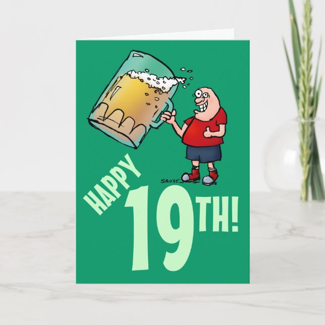 Funny 19th Birthday Card with Cartoon of Huge Beer (Front)
