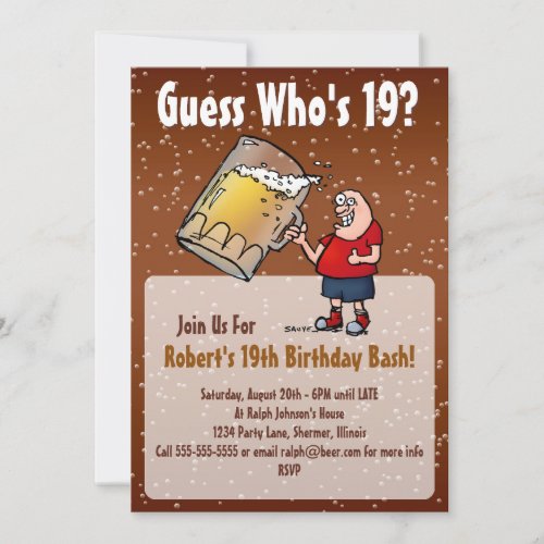 Funny 19th Birthday Party Invitation With Big Beer