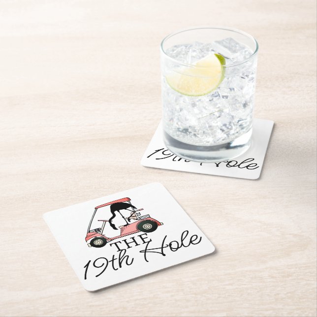 Funny 19th Hole Golf Cart Flamingo Square Paper Coaster (Insitu)