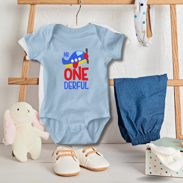 Funny 1st Birthday Mr. Wonderful Baby T-Shirt Baby Bodysuit (Mr. ONE derful 1st birthday cute blue baby )