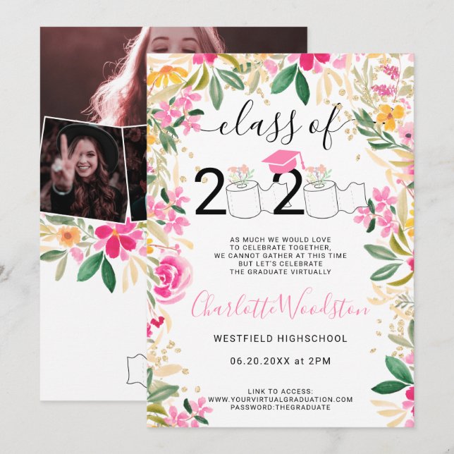 Funny 2020 roll floral photos virtual graduation invitation (Front/Back)