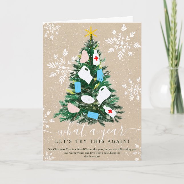 Funny 2020 year Christmas tree watercolor 7 photos Card (Front)