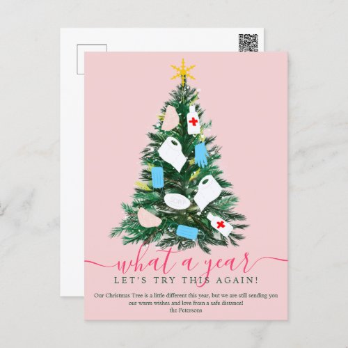 Funny 2020 year Christmas tree watercolor pink Holiday Postcard