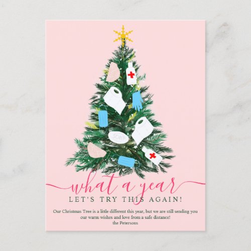 Funny 2020 year Christmas tree watercolor pink Holiday Postcard