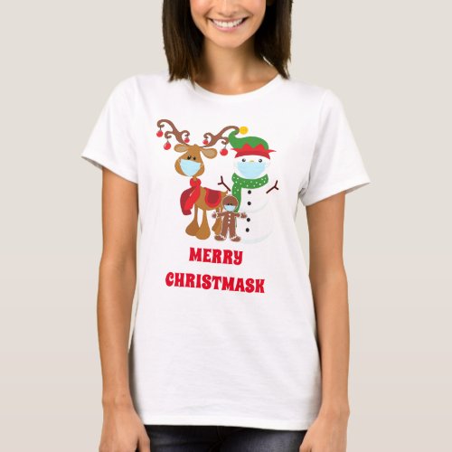 Funny 2021 Reindeer Snowman Face masks Christmask T_Shirt