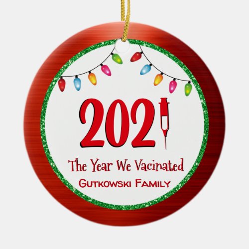 Funny 2021 Vaccinated Family Photo Ceramic Ornament