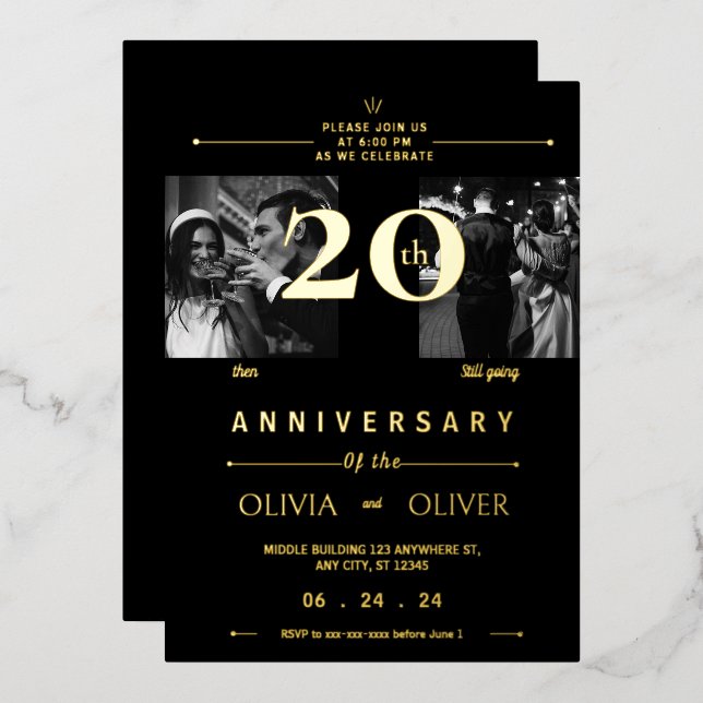 Funny 20th Wedding Anniversary then and now gold Foil Invitation (Front/Back)