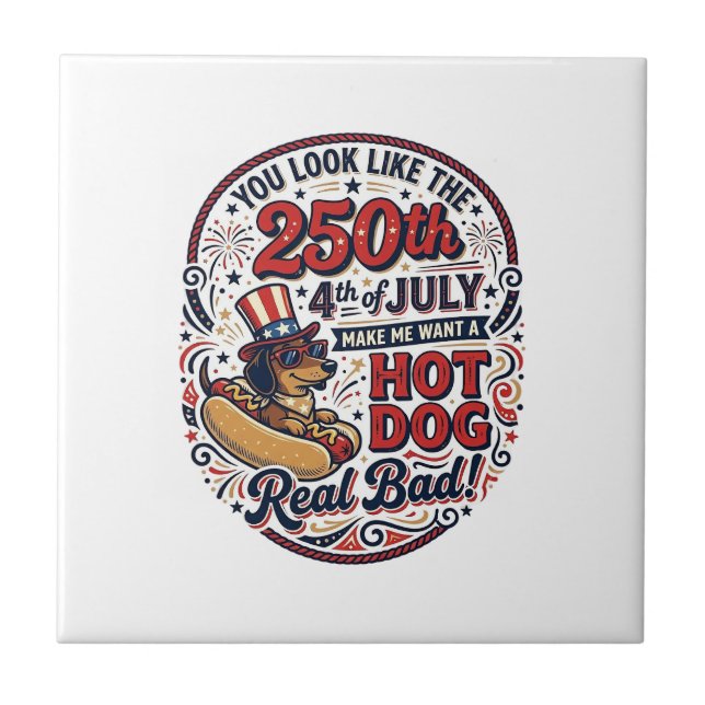 Funny 250th 4th of July Hot Dog Dachshund Ceramic Tile (Front)