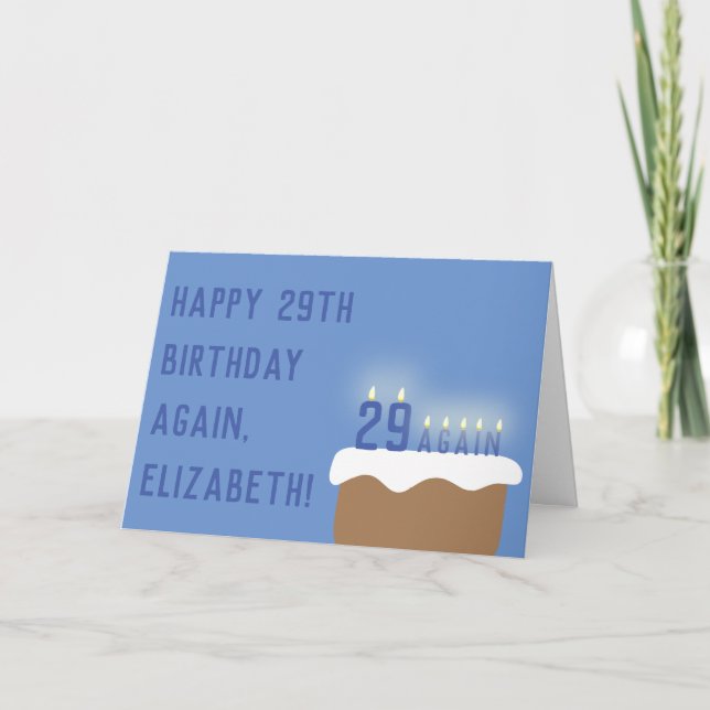 Funny 29 Again Birthday Cake Candles | Blue Card (Front)