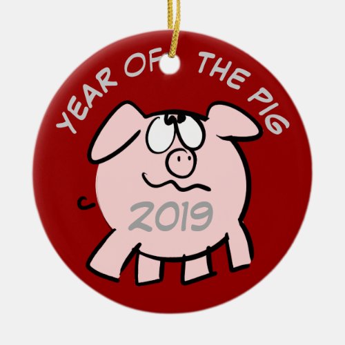 Funny 2 Cartoon Illustration Pig  Year 2019 Round Ceramic Ornament