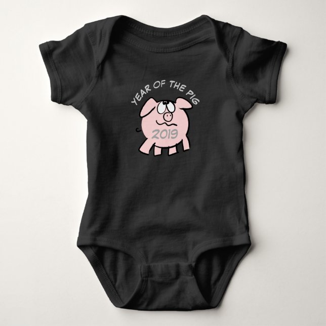 Funny 2 Cartoon Illustration Pink Pig  2019 Baby B Baby Bodysuit (Front)