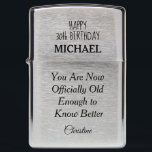Funny 30th Birthday Custom Text Zippo Lighter<br><div class="desc">Personalized Gift for Him. Celebrate a milestone birthday with this personalized Zippo lighter featuring a humorous message for the newly minted 30-year-old. This sleek, brushed chrome lighter can be customized with a name and message, making it a memorable and functional keepsake gift. Ideal for birthdays, celebrations, and meaningful moments, this...</div>