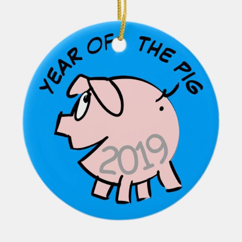 Funny 3 Cartoon Illustration Pig  Year 2019 Round Ceramic Ornament