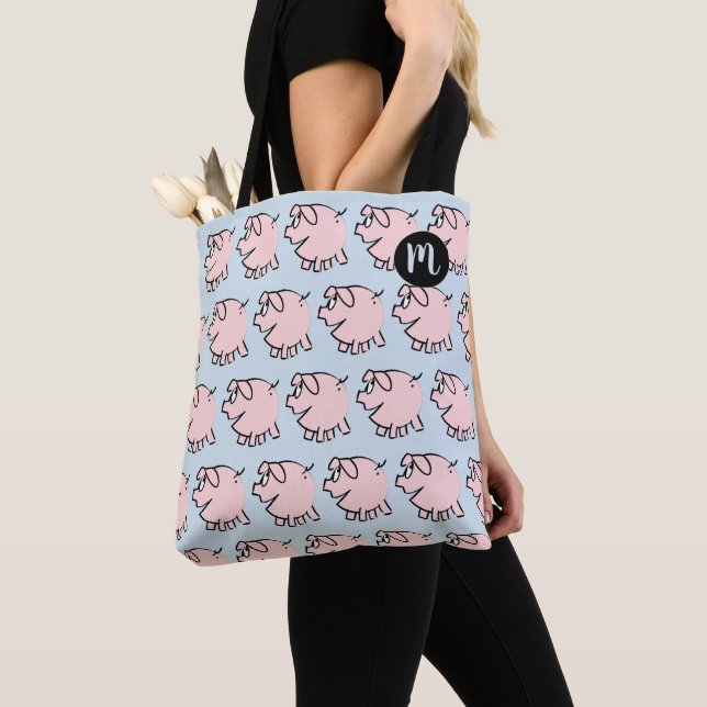 Funny 3 Cartoon Pig Monogram Choose Color Tote Bag (Close Up)