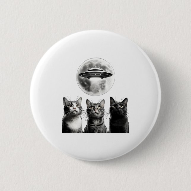 Funny 3 Scared Cats Moon Ufo Alien Earth Invasion  Button (Front)