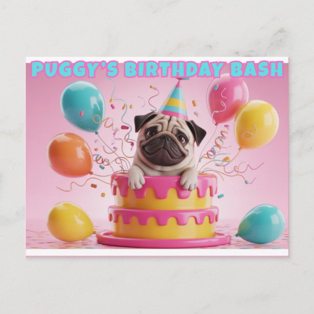 Funny 3D Pug Birthday Card | Cute Dog Party (Front)