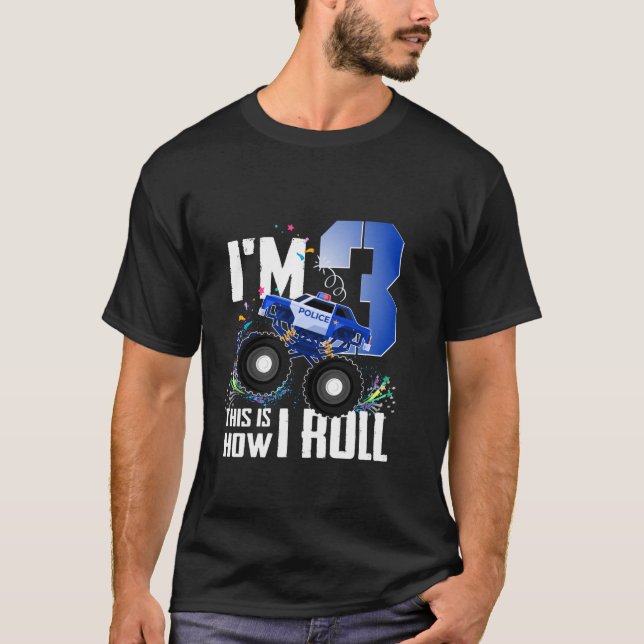 Funny 3rd Birthday Kids I m 3 Police Monster Truck T-Shirt (Front)