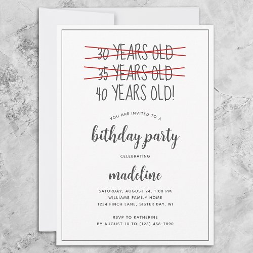 Funny 40 Year Old Birthday Party Invitation