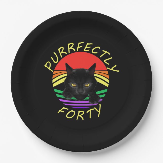Funny 40th Birthday Gag 1981 Black Cat Rainbow Paper Plates (Front)