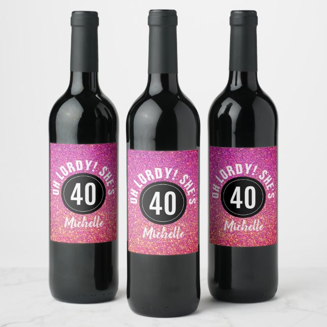 Funny 40th Birthday Party Pink Glitter Custom Wine Label (Bottles)