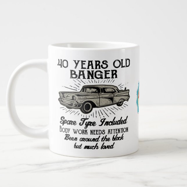 Funny 40th Birthday Retro Car Banger Add Name Date Giant Coffee Mug (Left)