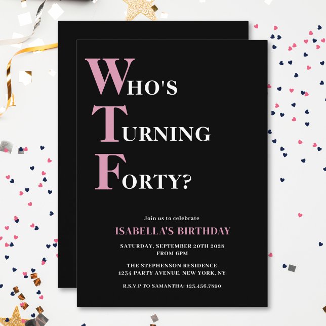 Funny 40th Birthday WTF Black & Pink Humorous Invitation (Creator Uploaded)