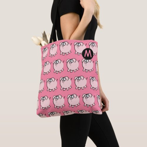 Funny 4 Cartoon Pig Monogram Choose Color Tote Bag