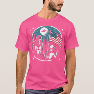 Funny 4Th Of July Bigfoot Alien Ufo American Flag  T-Shirt
