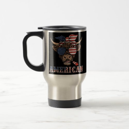 Funny 4th of July Merica Highland Cow America Travel Mug