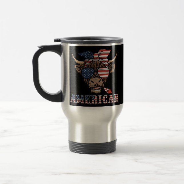 Funny 4th of July Merica Highland Cow America Travel Mug (Left)