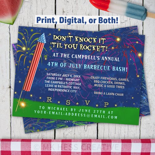 Funny 4th of July Party  Rocket Fireworks BBQ Invitation