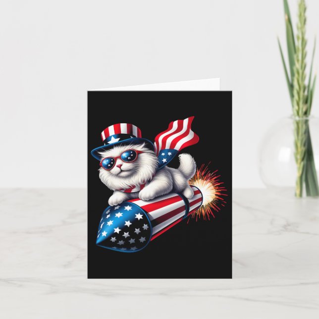Funny 4th Of July Patriotic Cat Rocket With Firewo Card (Front)