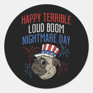 Funny 4th Of July Scared Pug Fireworks Parade Dog Classic Round Sticker