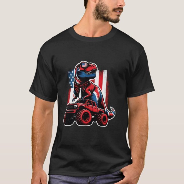 Funny 4th Of July Trex Dinosaur Monster Truck Amer T-Shirt (Front)