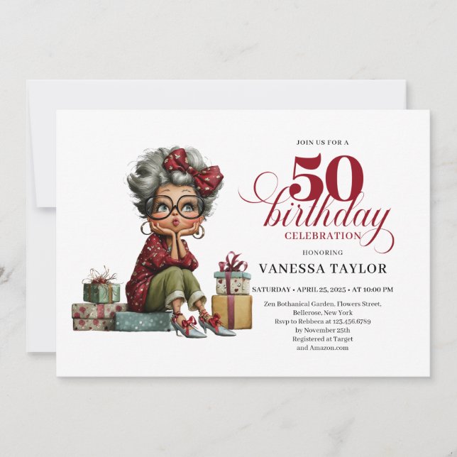 Funny 50th Birthday Invitation Quirky Old Lady Par (Front)