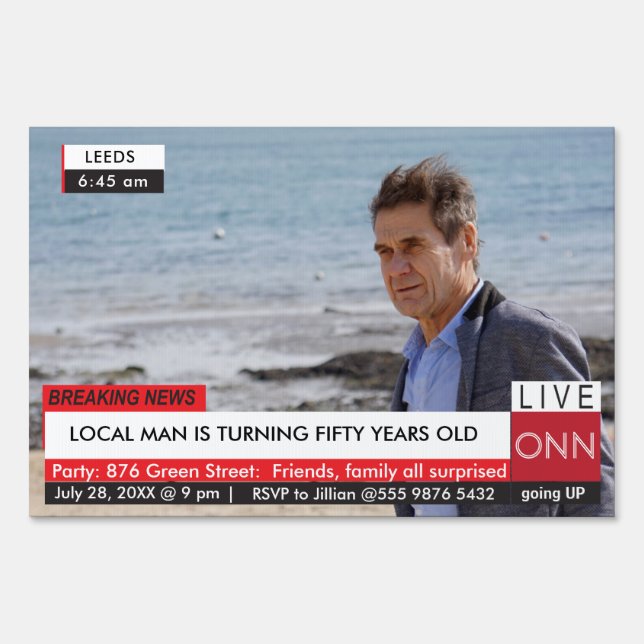Funny 50th Birthday Mens Breaking News TV Graphic Sign (Front)