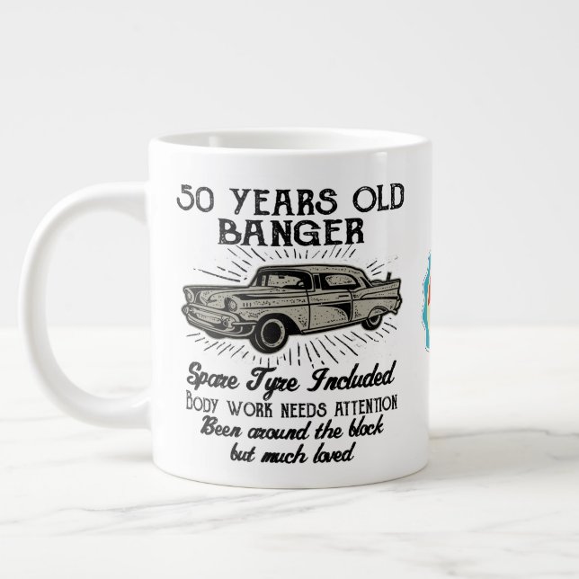 Funny 50th Birthday Retro Car Banger Add Name Date Giant Coffee Mug (Left)