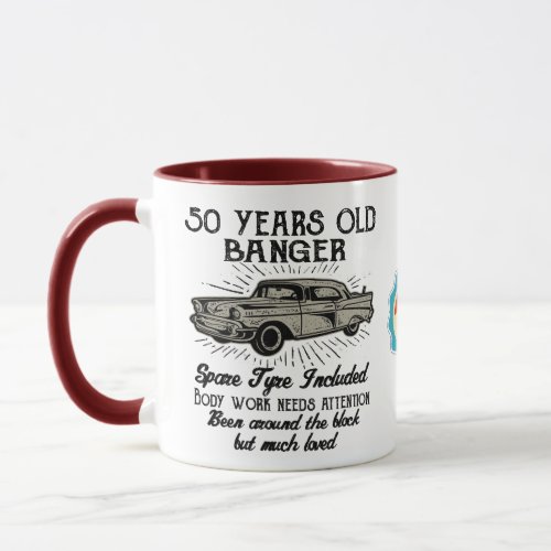 Funny 50th Birthday Retro Car Banger Add Name Date Mug