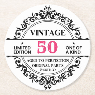 Funny 50th Black and Pink Vintage Birthday Round Paper Coaster