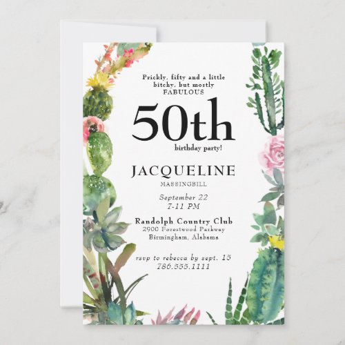 Funny 50th Cactus Prickly Bitchy  Fabulous White Invitation