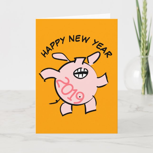 Funny 5 Cartoon Illustration Pig  Year 2019 Card (Front)