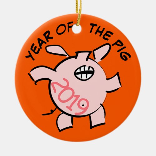 Funny 5 Cartoon Illustration Pig  Year 2019 Round Ceramic Ornament