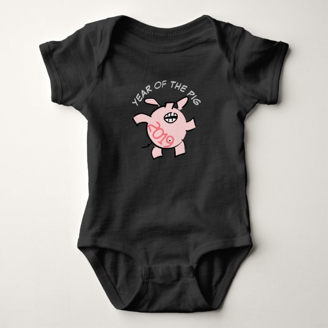 Funny 5 Cartoon Illustration Pink Pig  2019 Baby B Bodysuit (Front)